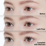 Clear lash primer and black volumizing mascara brushes displaying the dual formula design.