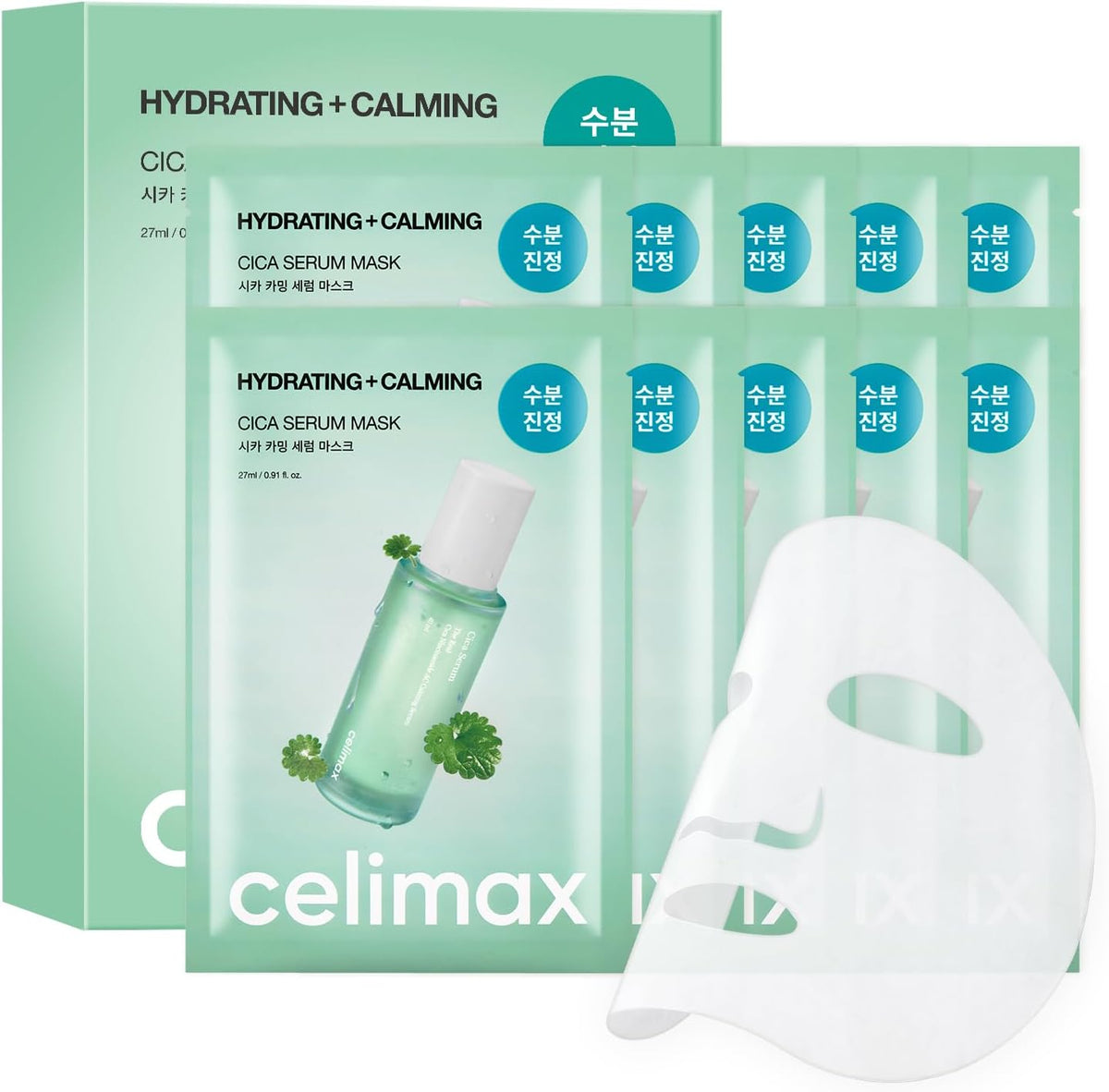Celimax The Real Cica Calming Serum Mask 10 Pack front view showing authentic Korean skincare packaging.