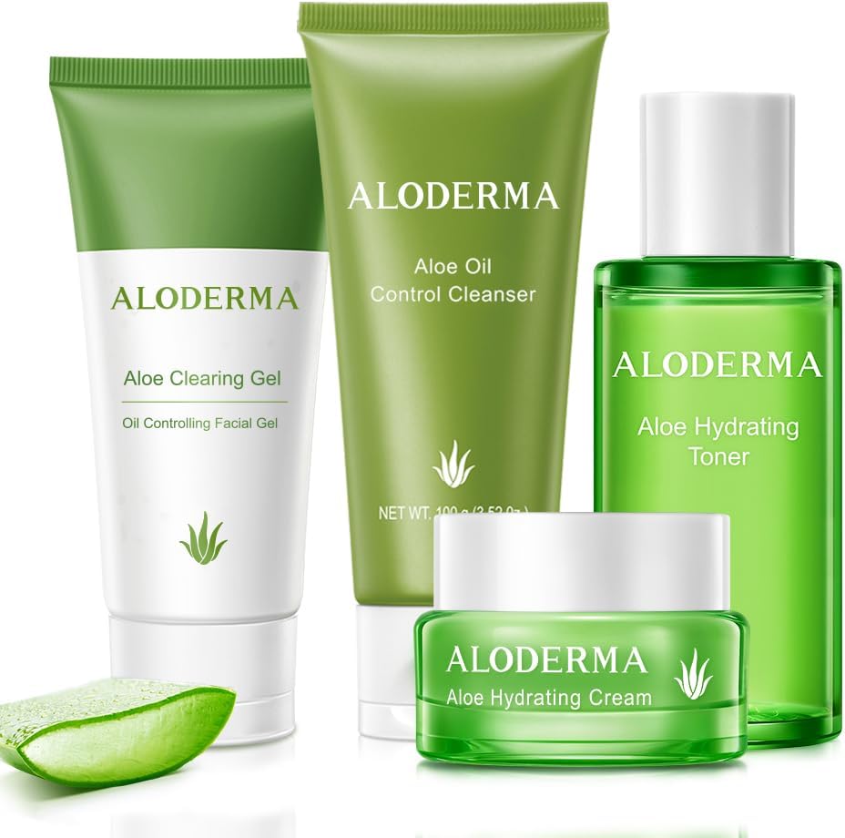 Aloderma Aloe Oil Controlling Set front view showing four organic skincare bottles