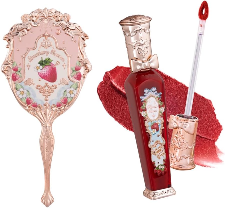 Flower Knows Strawberry Rococo Cloud Lip Cream S09 and Soft Pink Hand Mirror front view set