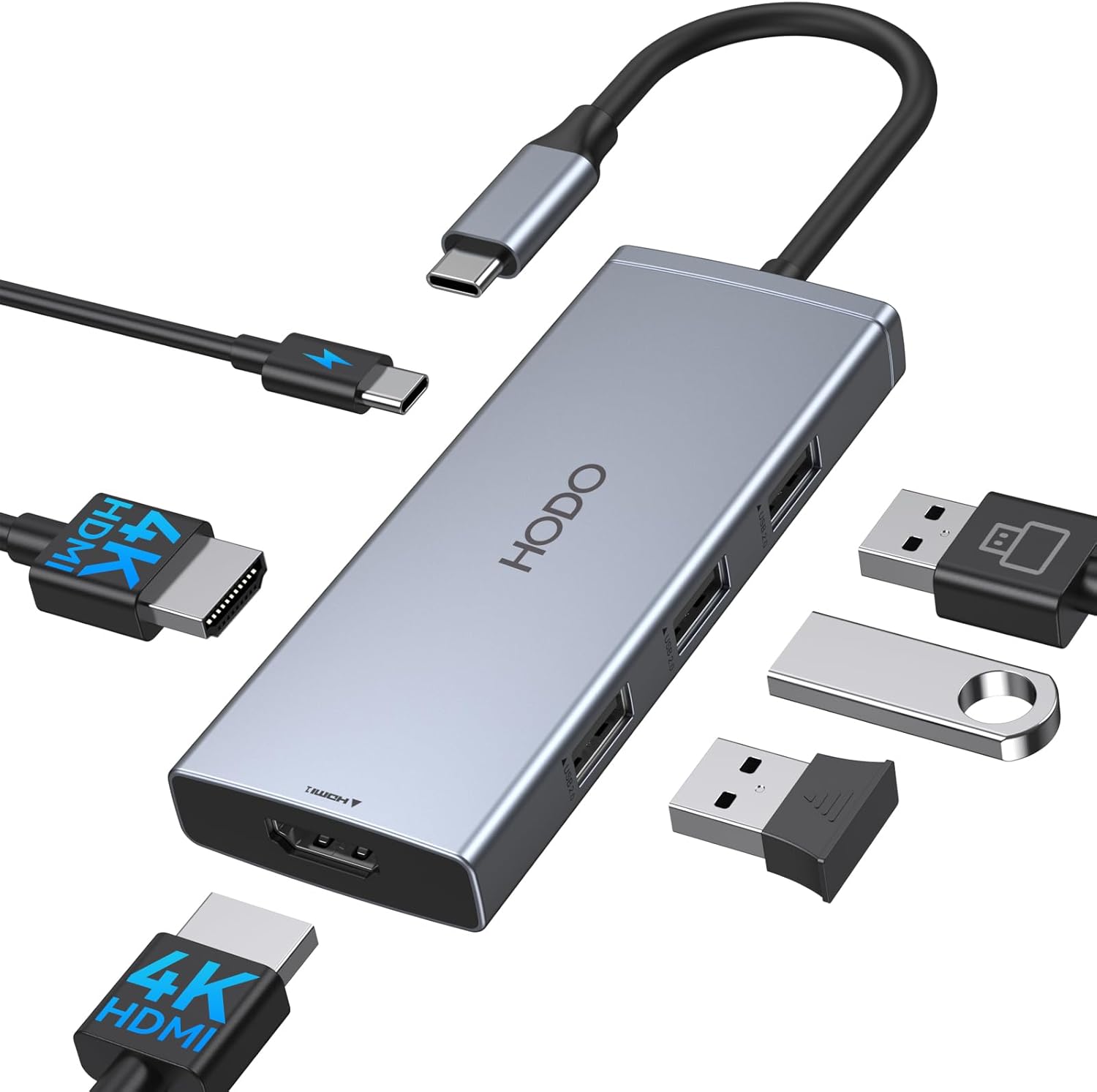 HODO dual HDMI docking station front view showing aluminum chassis and dual HDMI video outputs.
