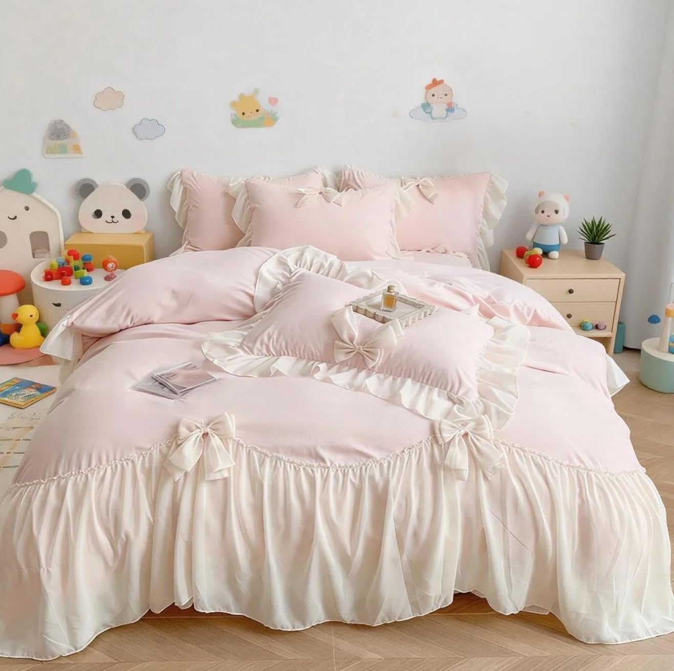 IHOUSTRIY twin ruffle duvet cover front view on a princess style bed