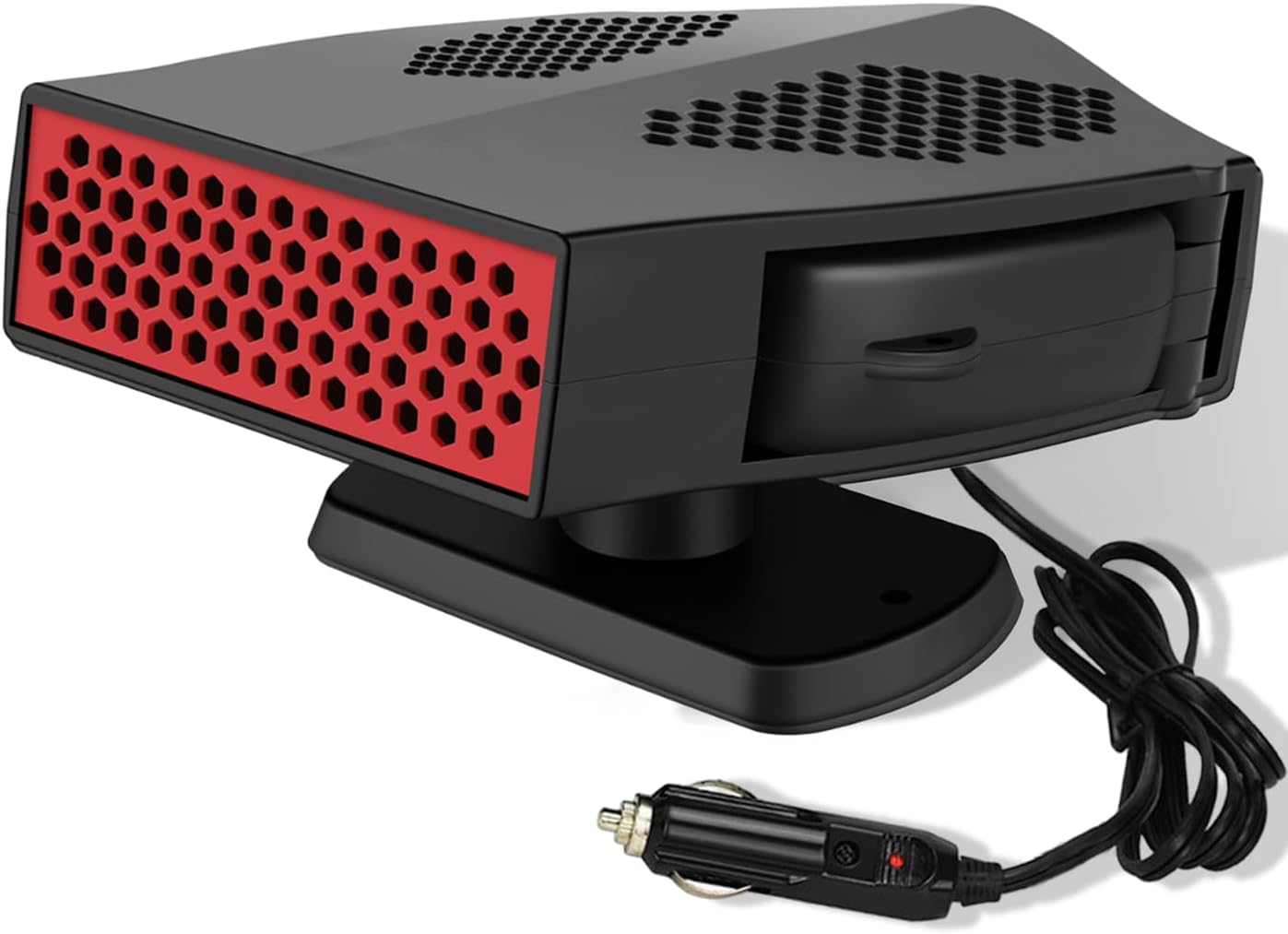 Fidensis 12V car heater defroster front view showing the red honeycomb grill on a dashboard.