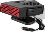 Fidensis 12V car heater defroster front view showing the red honeycomb grill on a dashboard.