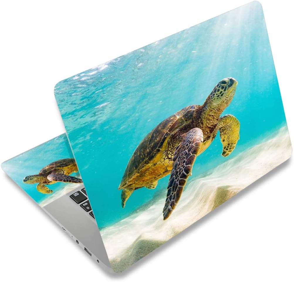 AORTDES universal personalized laptop skin sticker front view featuring an underwater green sea turtle scene on a laptop lid