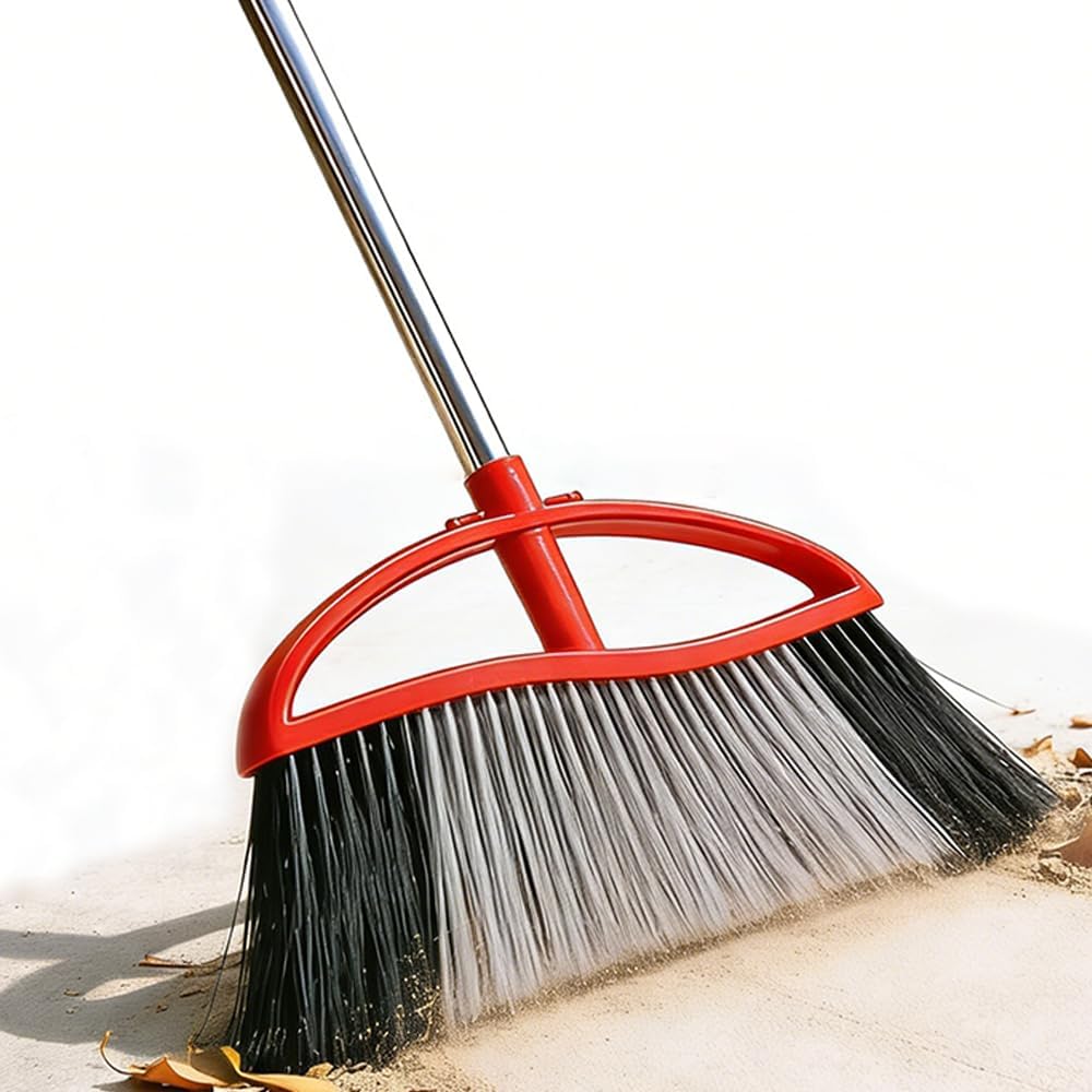 MuLing Heavy Duty Outdoor Broom front view with red stiff bristles.