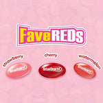 Starburst red fruit flavors assortment jelly beans scattered next to packaging.