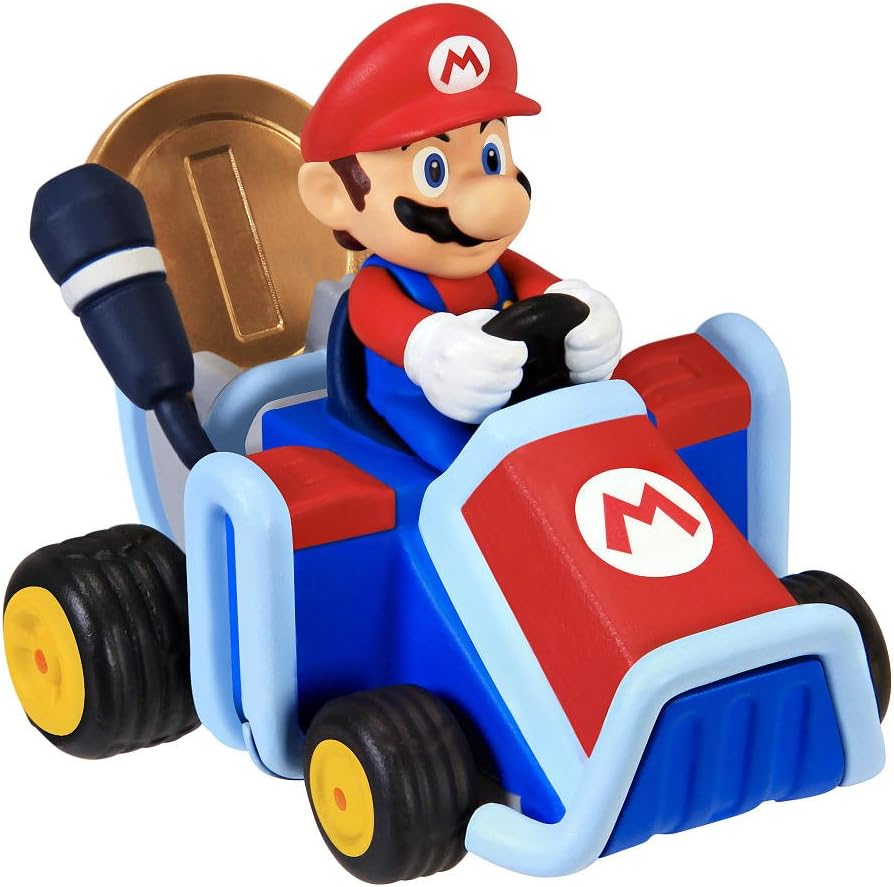 Bandai Namco Nintendo Super Mario Coin Crasher Wave 1 Mario Playset front packaging view showing racing kart and gold coin accessory