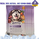 Human-grade dog food ingredients display for WaYo beef meal