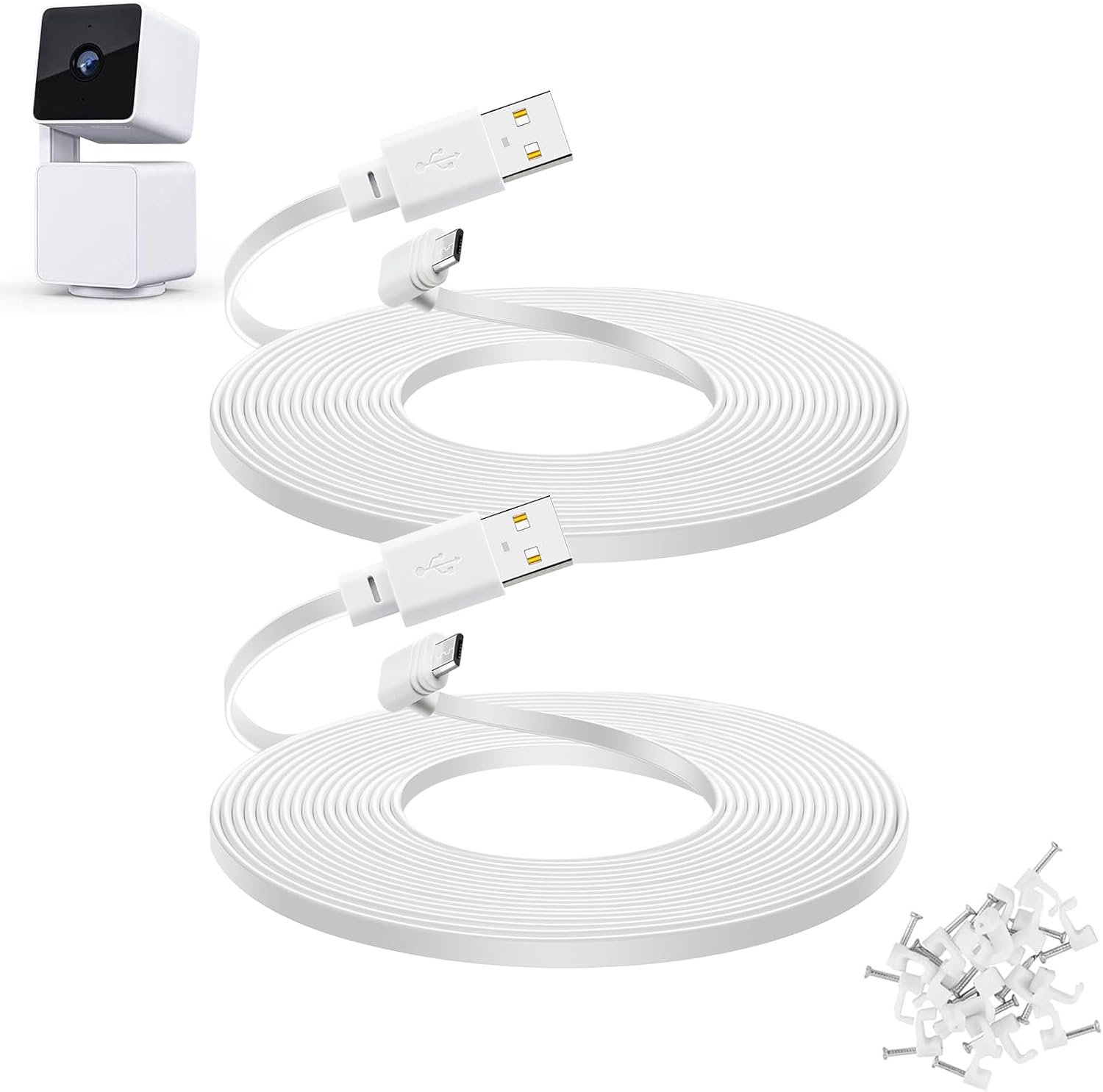 YEAOI 2-Pack 30 Feet Extension Cable for WYZE Cam Pan V3 front view showing two coiled white flat cords and wire clips.