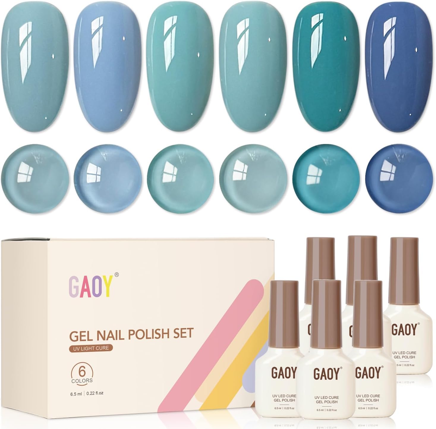 GAOY Blue Gel Nail Polish Set, 6 Colors Royal Navy Baby Blue, UV Light Cure Gel Polish for Salon and Nail Art DIY at Home - Image 1