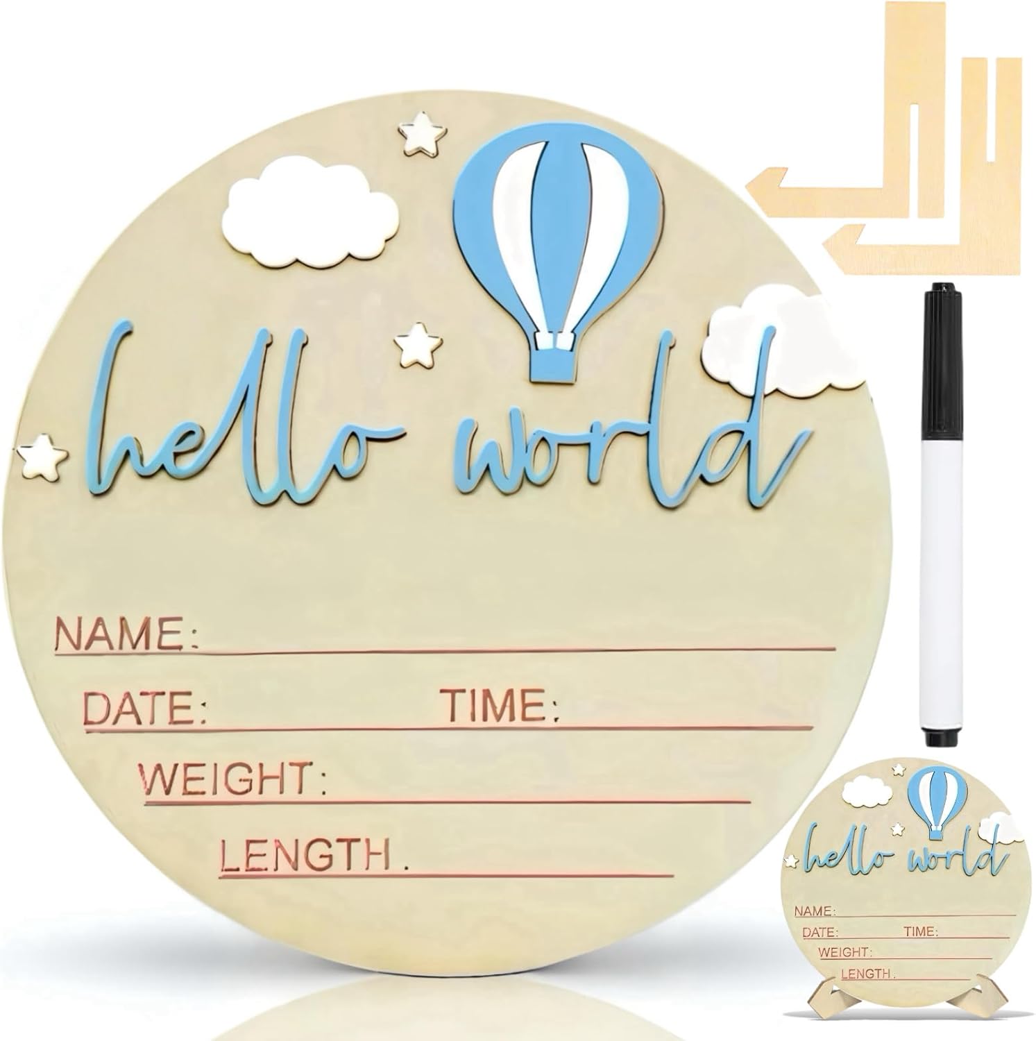 Duojinsanxi wooden baby announcement sign front view showcasing blue hot air balloon design