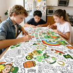 Giant festive Irish themed coloring mural hanging on a living room wall as a completed green holiday decoration