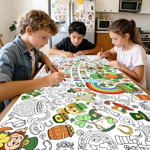 Giant festive Irish themed coloring mural hanging on a living room wall as a completed green holiday decoration