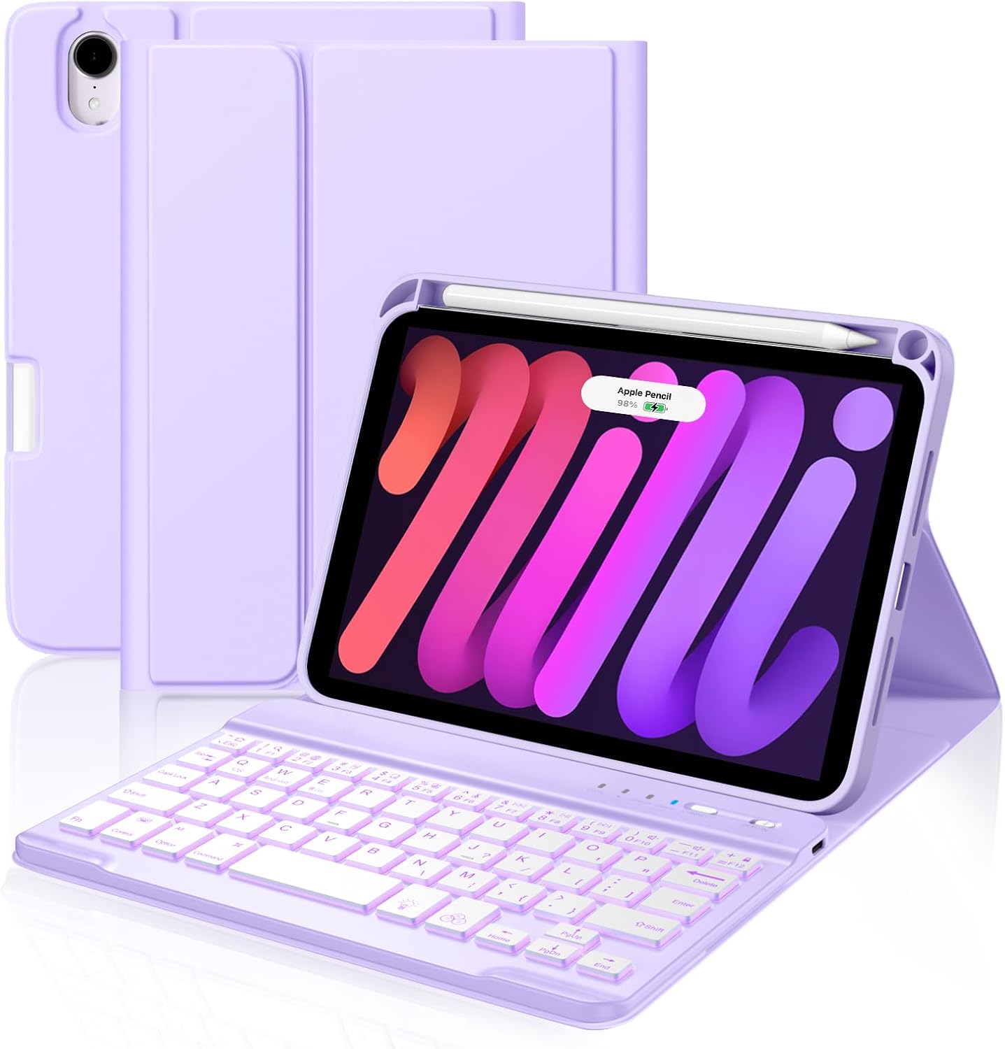 Cousper iPad Mini 7 backlit keyboard case purple color front view showcasing the illuminated keys.