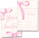 YLKJSTYS pink bow birthday party invitations front view showing watercolor ribbon design