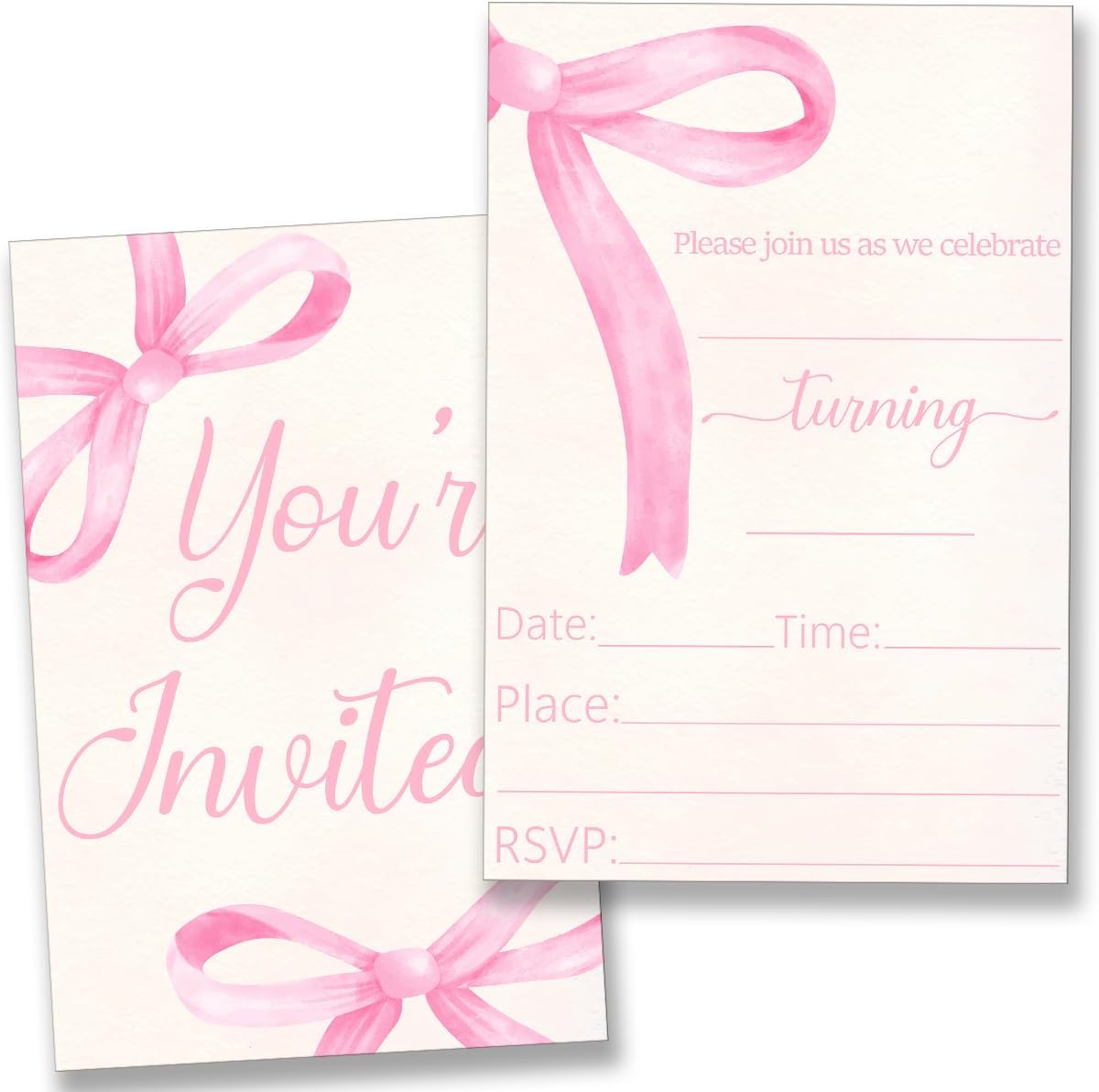 YLKJSTYS pink bow birthday party invitations front view showing watercolor ribbon design