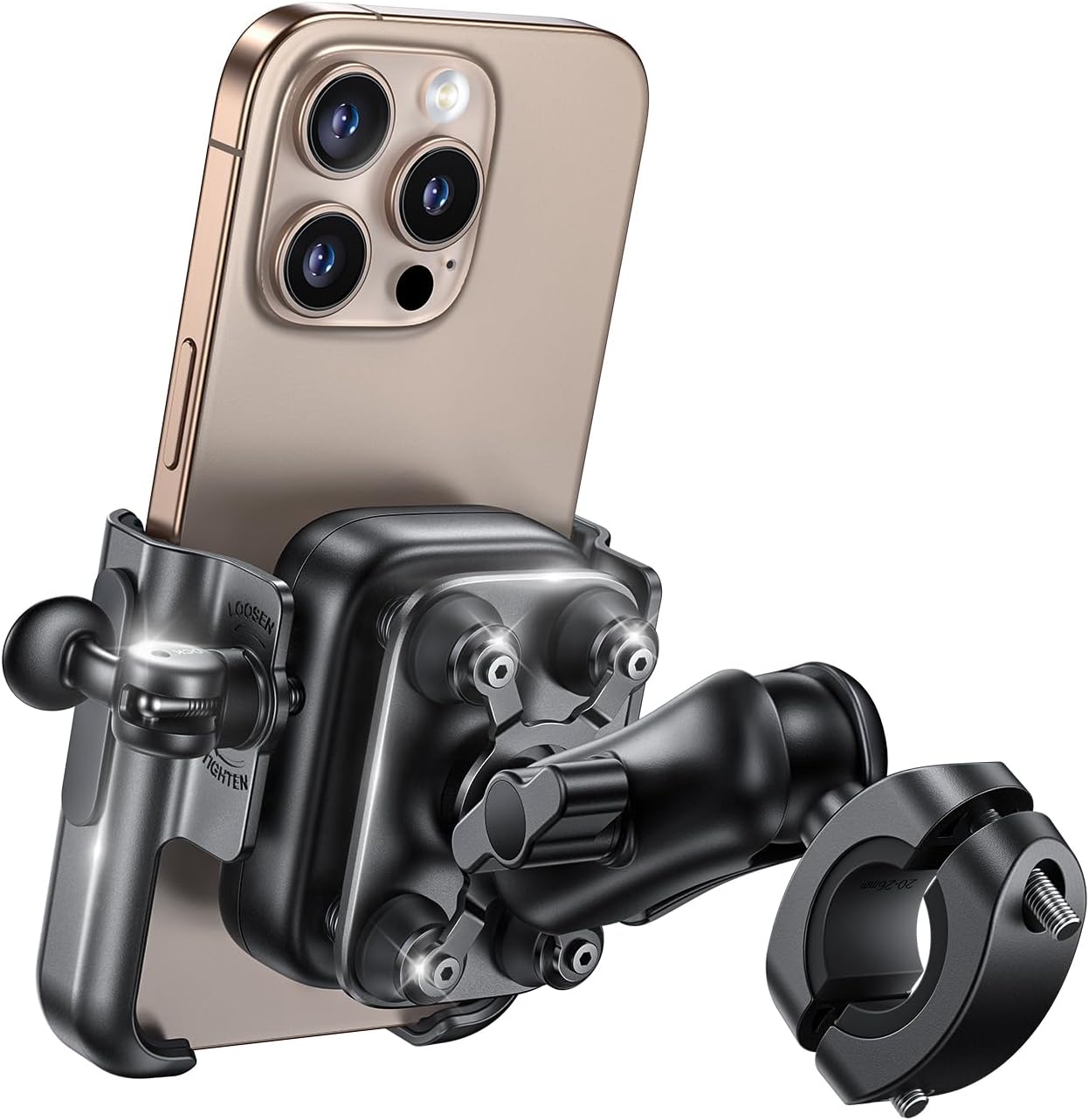 Lamicall all metal motorcycle phone mount front view showing secure grip