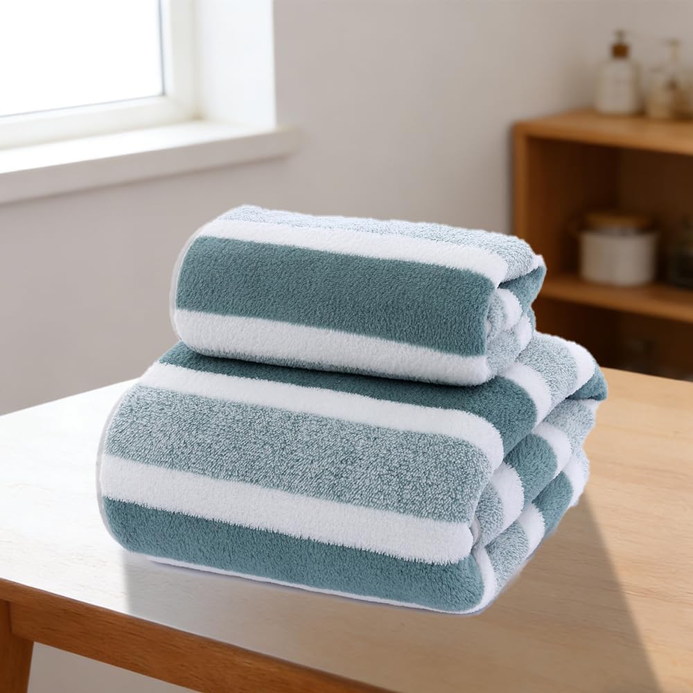Calandis coral fleece bath towel set folded in green striped pattern