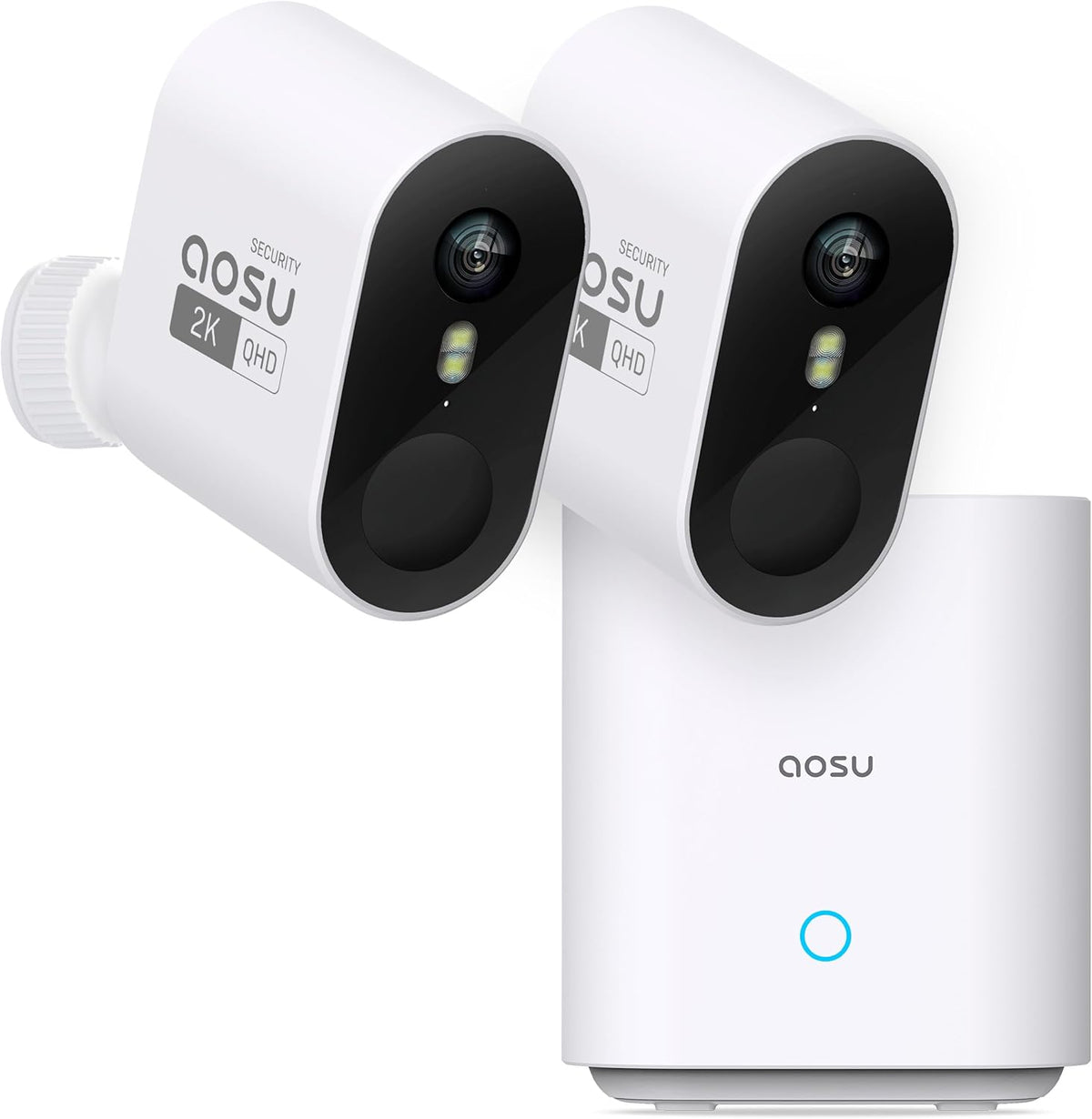 Aosu Security Cameras Wireless Outdoor Home System front view showing the dual lens kit and local storage hub.