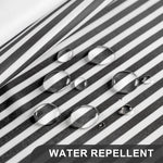 Top border detail of the AmazerBath striped curtain highlighting the reinforced rustproof metal grommets.