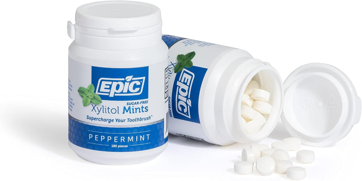 Epic 100 percent xylitol dental mints twin pack for enhanced saliva production.