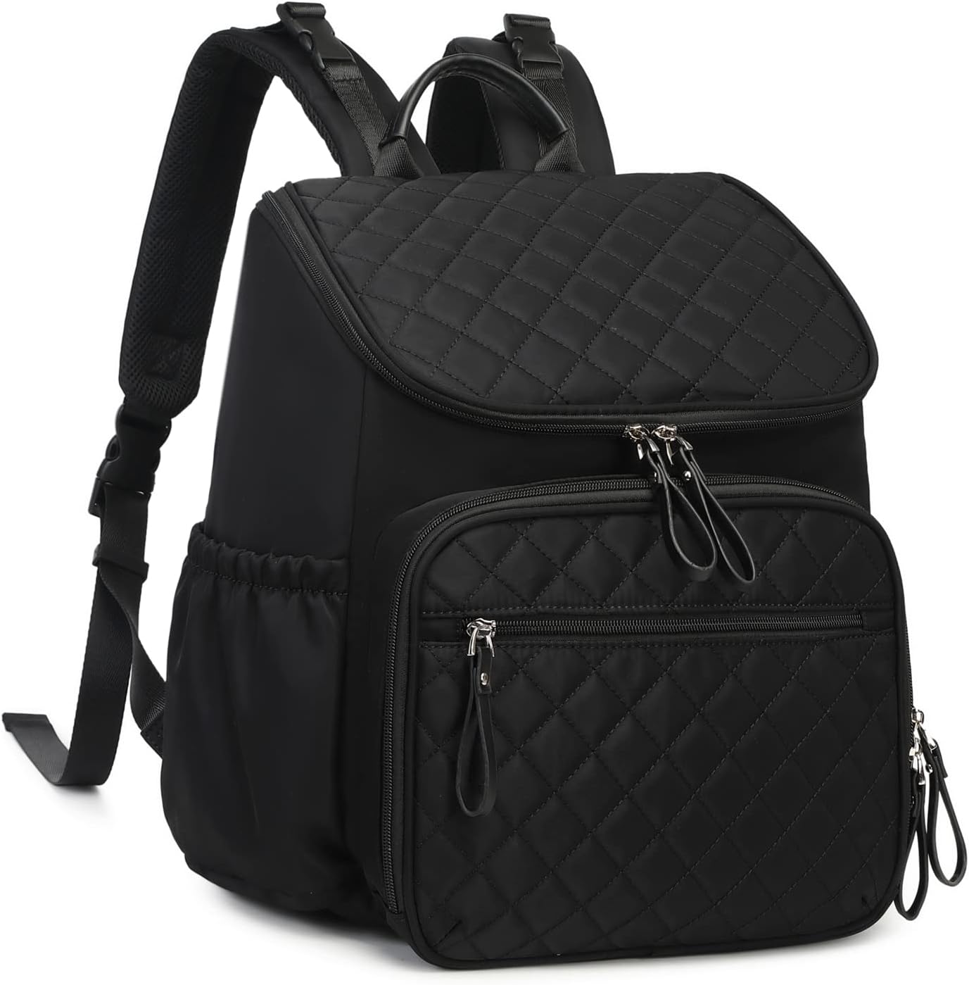 LORADI diaper bag backpack front view in black nylon showing insulated pockets