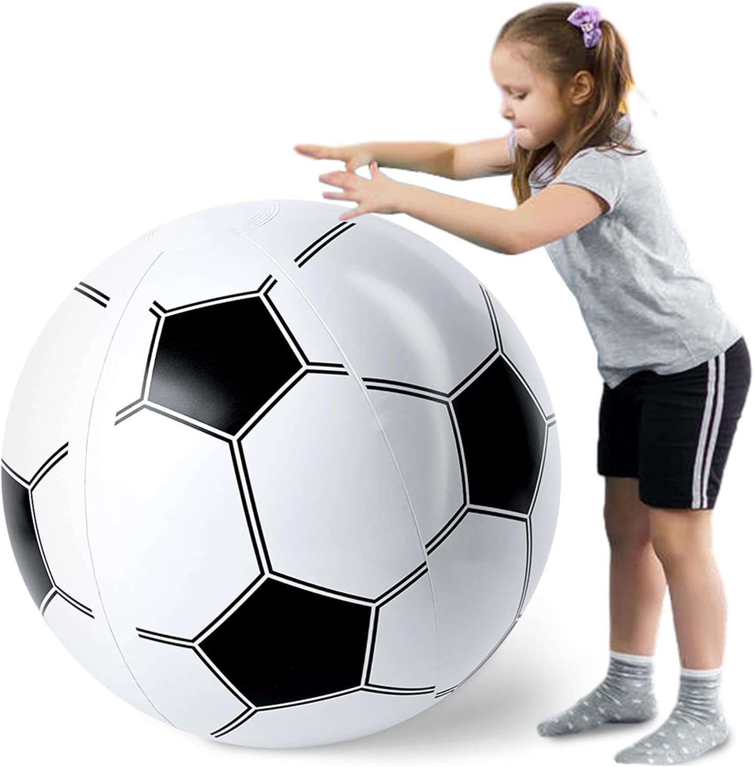 AMOR PRESENT inflatable soccer beach ball front view showing the classic multi colored pattern.