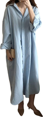 GGUHHU light blue cotton maxi dress collar and button detail
