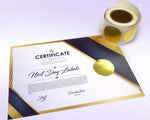 Next Day Labels round gold metallic sticker close up detail
