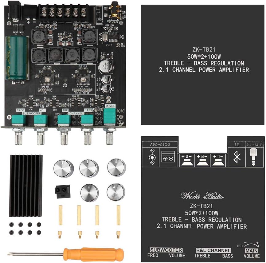 Bluetooth Audio Amplifier Board, ZK-TB21 2.1CH 50W x 2 +100W Subwoofer Amp | Power Amplifier with Treble and Bass Control, Bluetooth5.0 and AUX Inputs, Stereo Digital AMP for DIY Home Speakers - Image 9