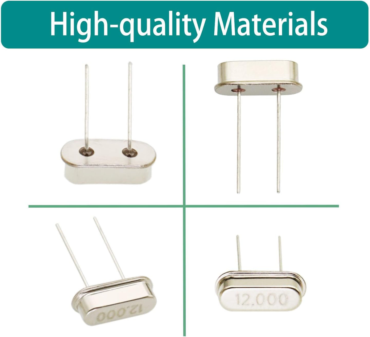 Close up view of quartz crystal resonator pins and metal casing