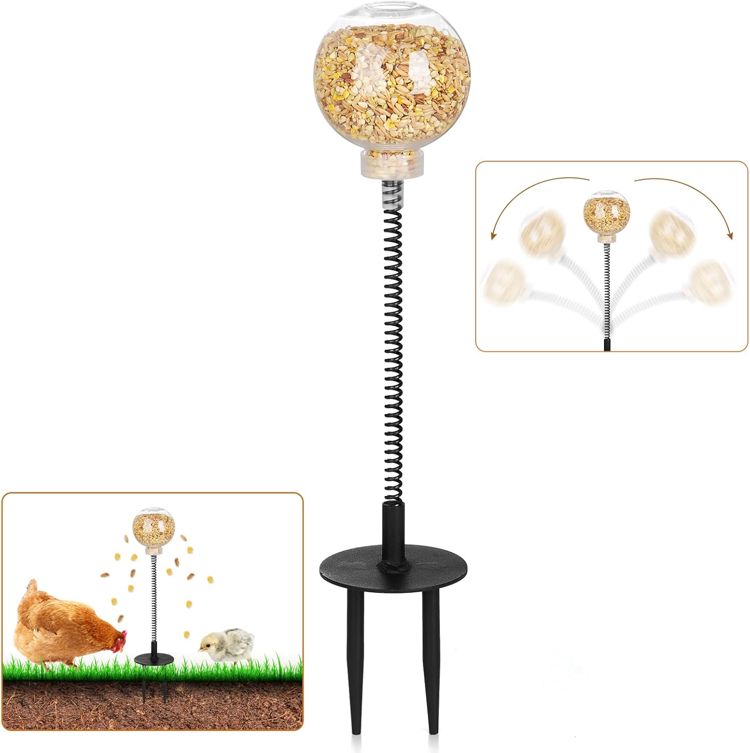Moyardow interactive chicken peck toy front view showing the transparent feed ball and ground spring base