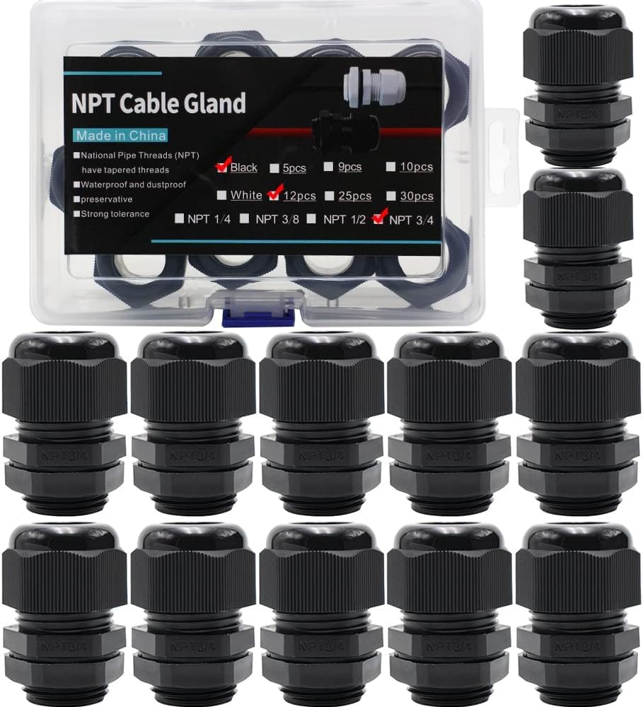 NPT Cable Glands 1/4" 3/8" 1/2" 3/4" 1"- 52 Pack Black Plastic Waterproof IP68 Adjustable 3-25mm Cable Connectors Cable Gland Joints with Strain Relief Gaskets,with Durable PP Storage Case - Image 14