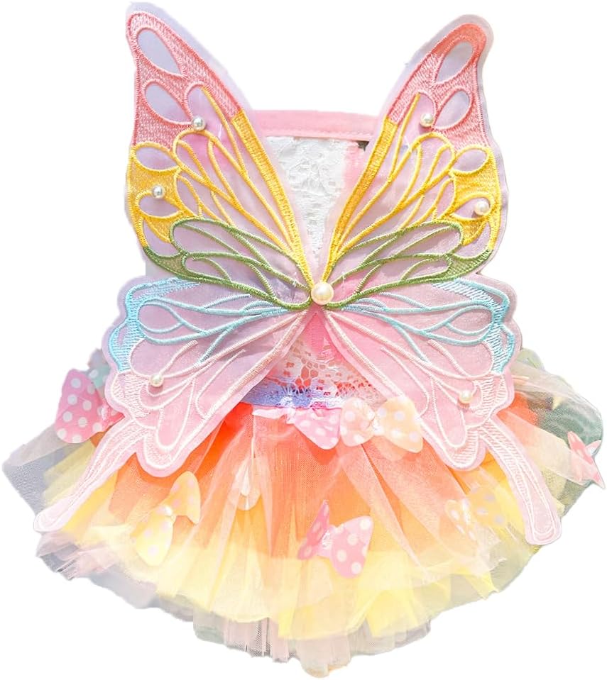 Maruomiki rainbow butterfly dog princess dress front view displaying vibrant tulle layers