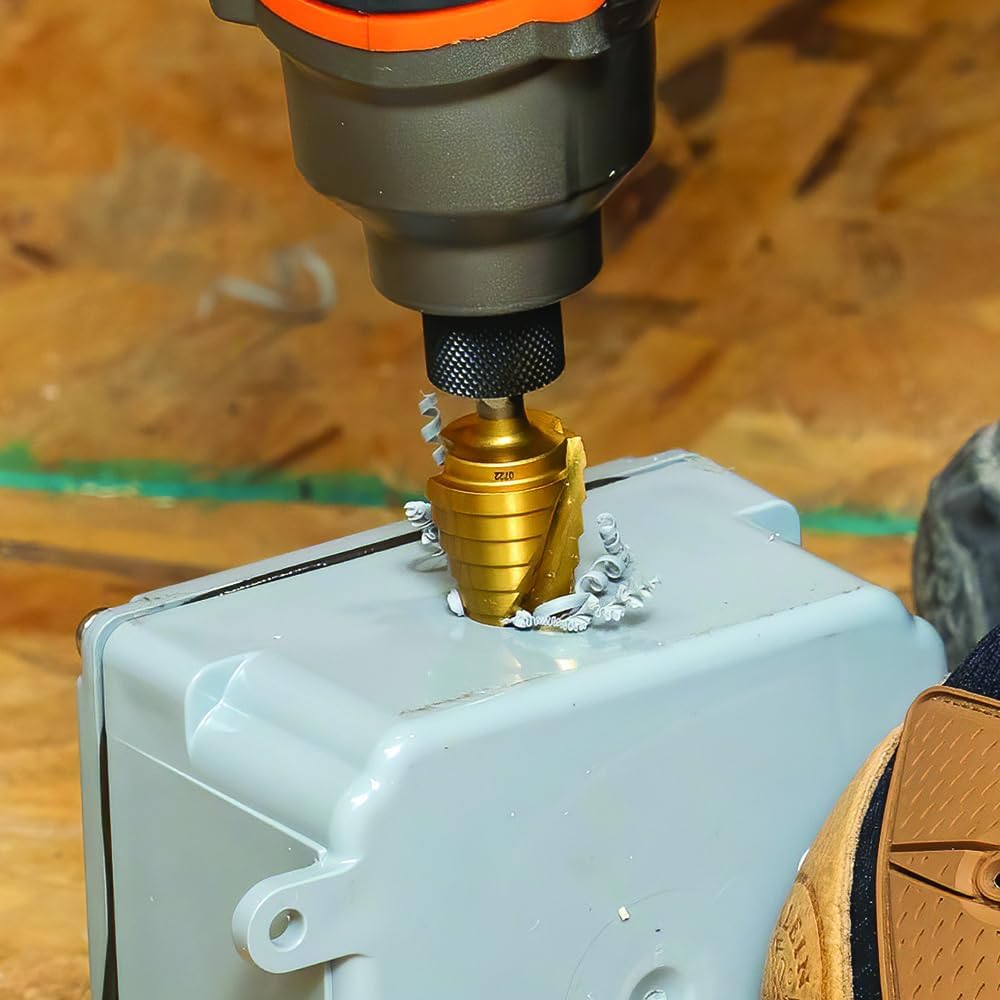 Klein Tools titanium nitride coated step bit in action