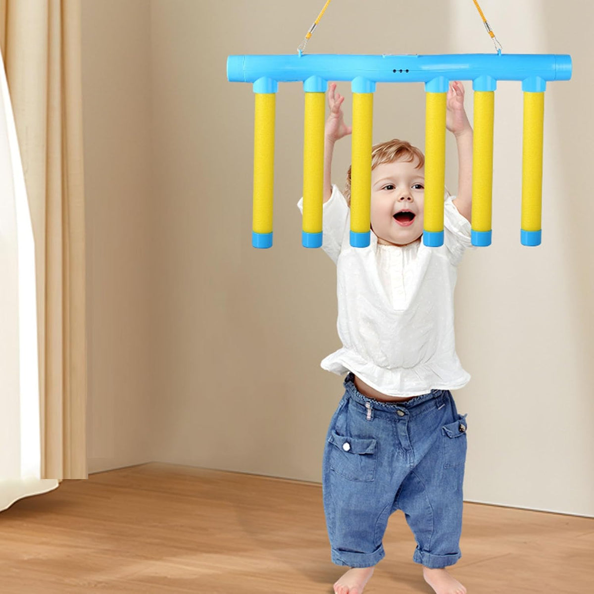 Generic Reflex Challenge Game front view showing blue main body and hanging magnetic drop sticks.