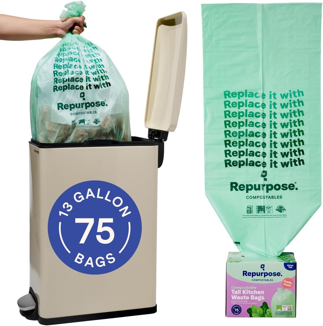 Repurpose Compostables 13 Gallon Compostable Kitchen Trash Bags front view premium eco friendly garbage bags