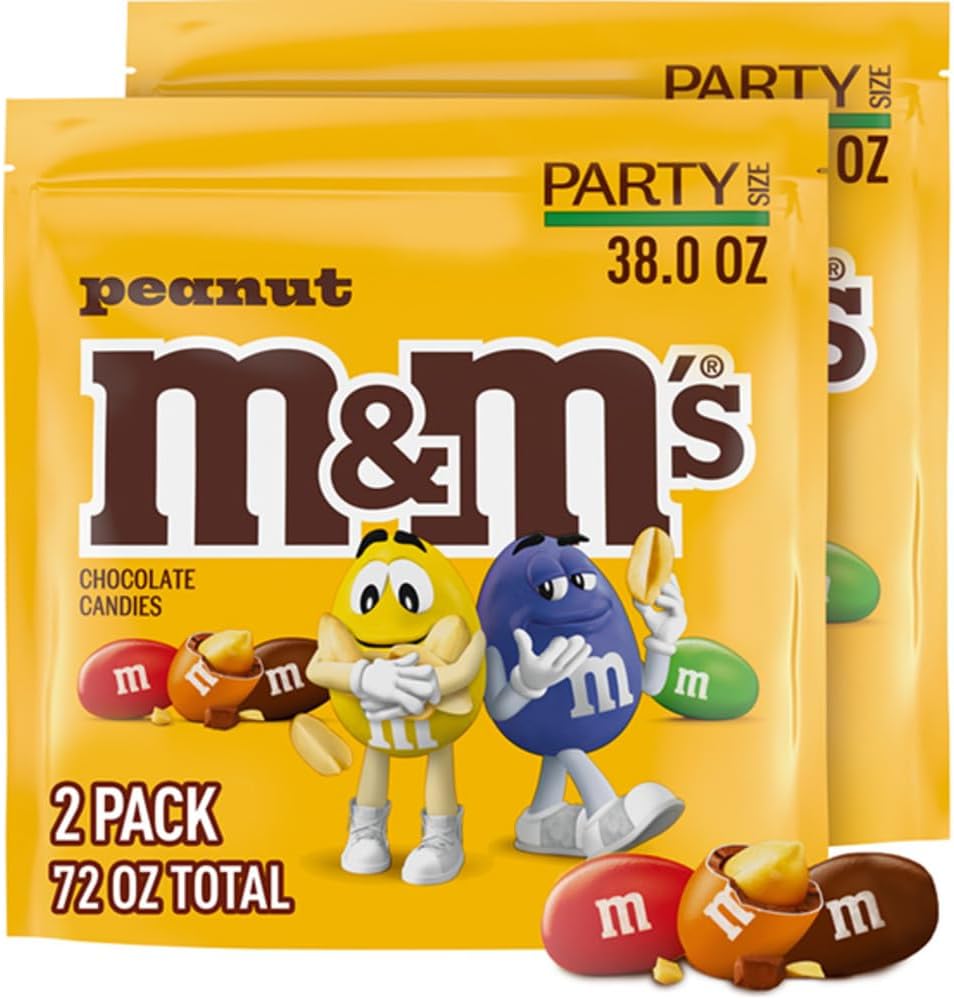 M&M'S Peanut Milk Chocolate Candy two pack front view featuring iconic yellow packaging
