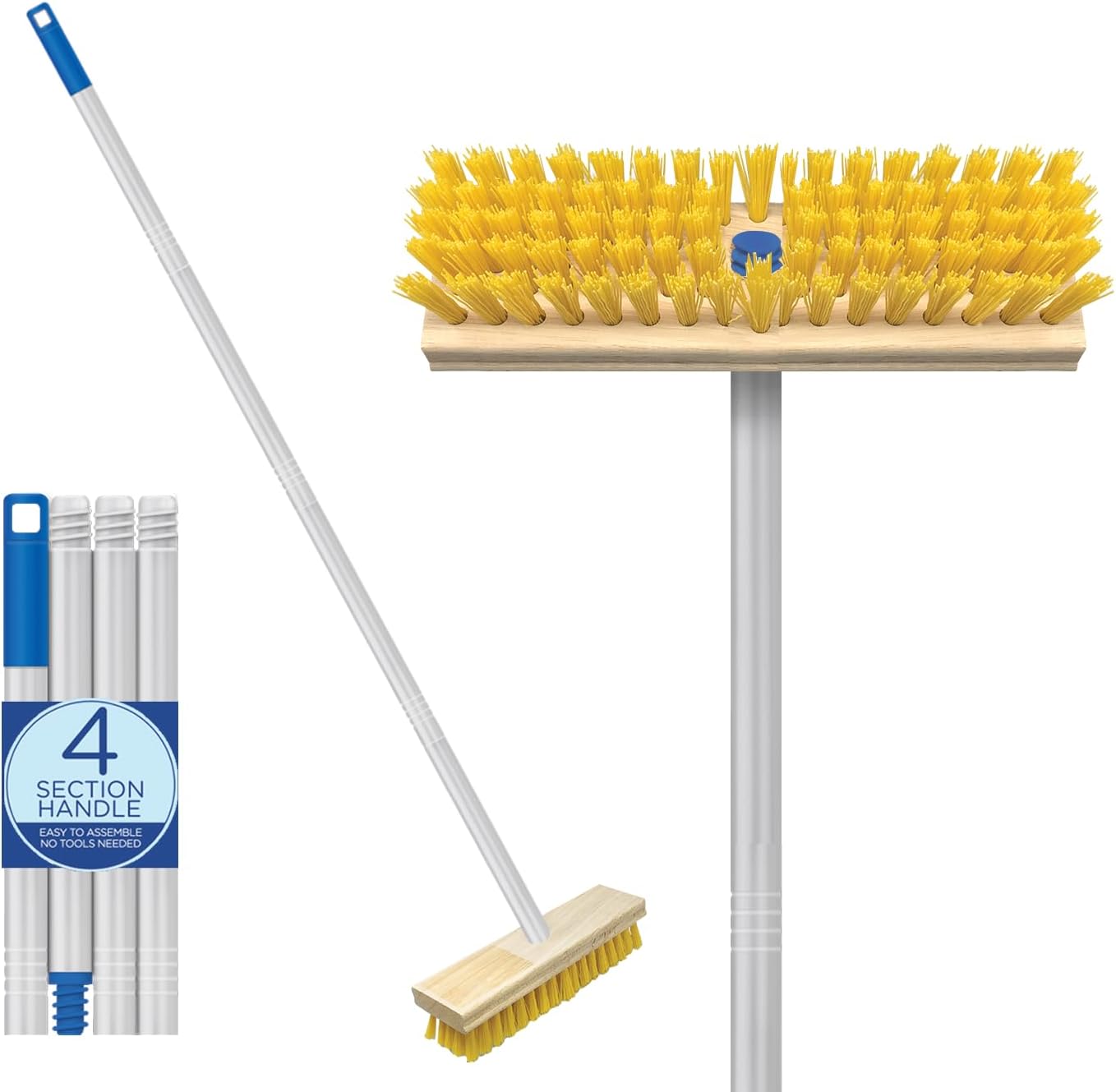 Lola Deck Scrub Brush front view with yellow bristles and long handle for outdoor cleaning.