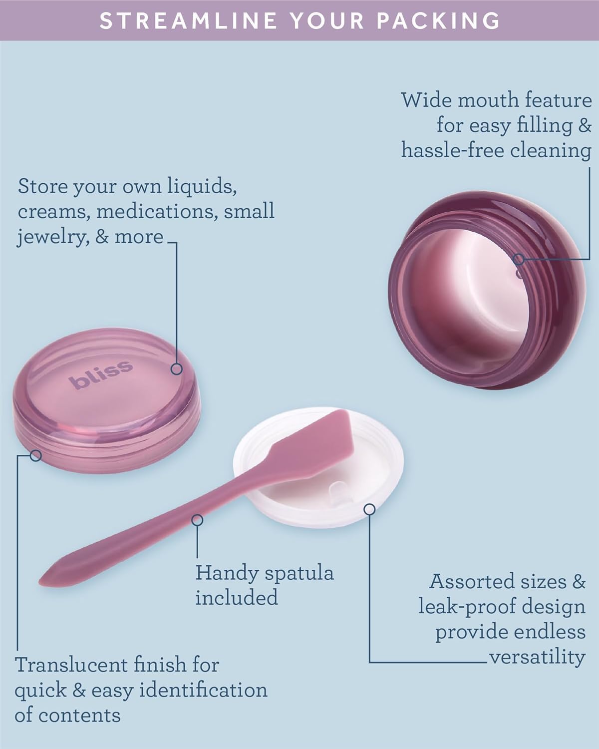 Bliss travel containers showing wide mouth openings for easy refilling.