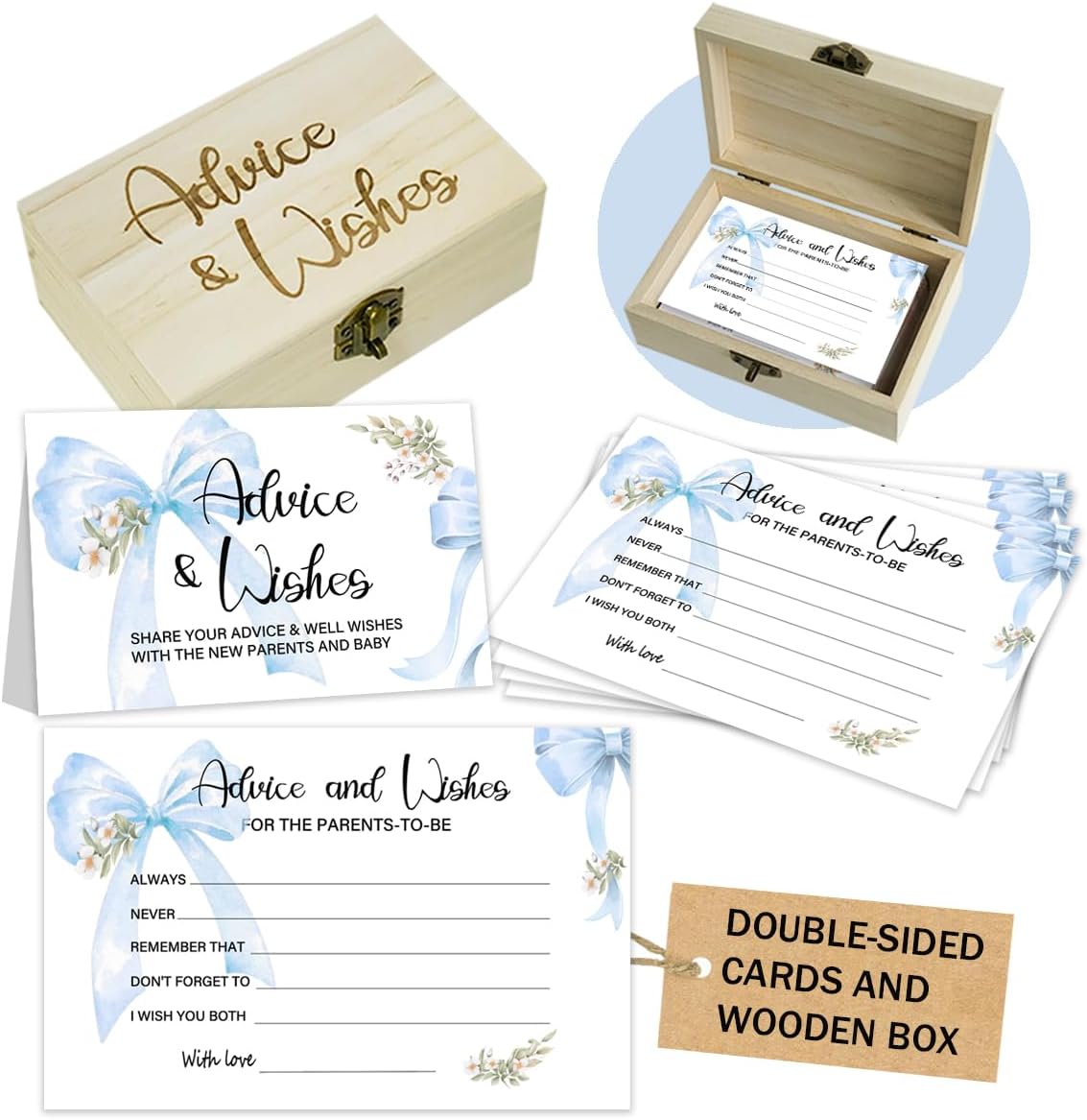 Hanroey blue bow baby shower advice cards with wooden box front view for party games.