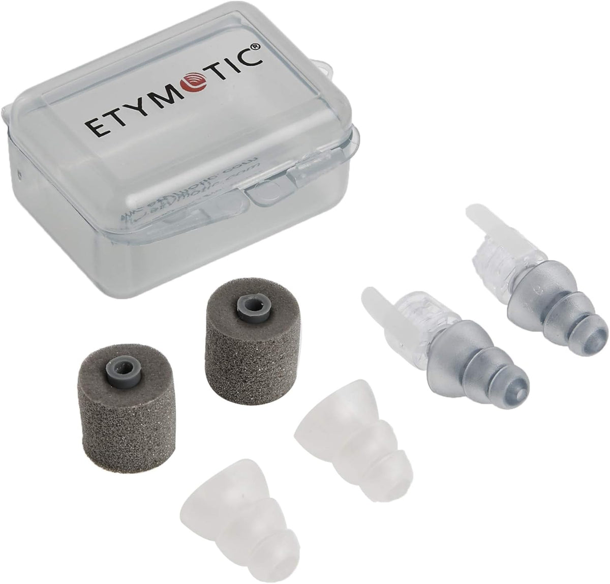 Etymotic Research ER20XS high-fidelity earplugs front view in clear case