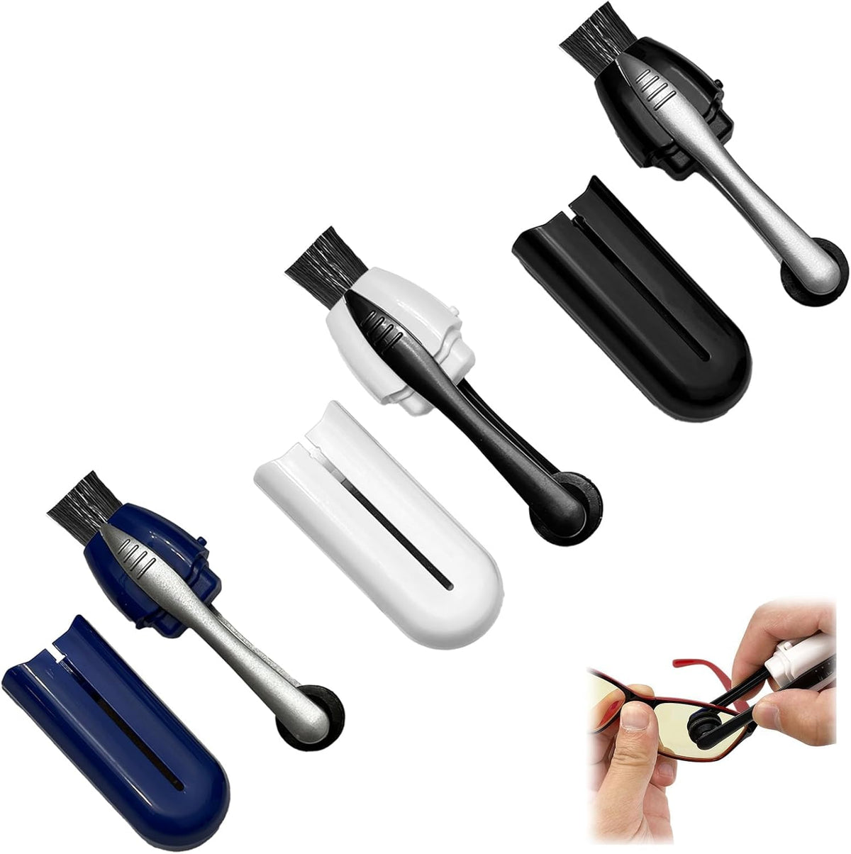 BRUSHG portable eye glasses cleaner front view showcasing the three count color variety pack.