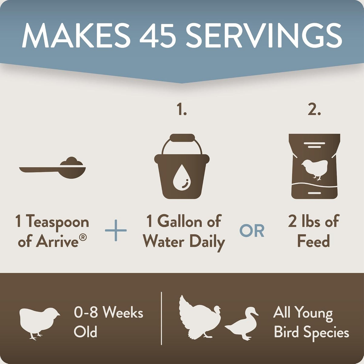 FlockLeader Arrive early stage poultry wellness supplement bag display for backyard chicken care