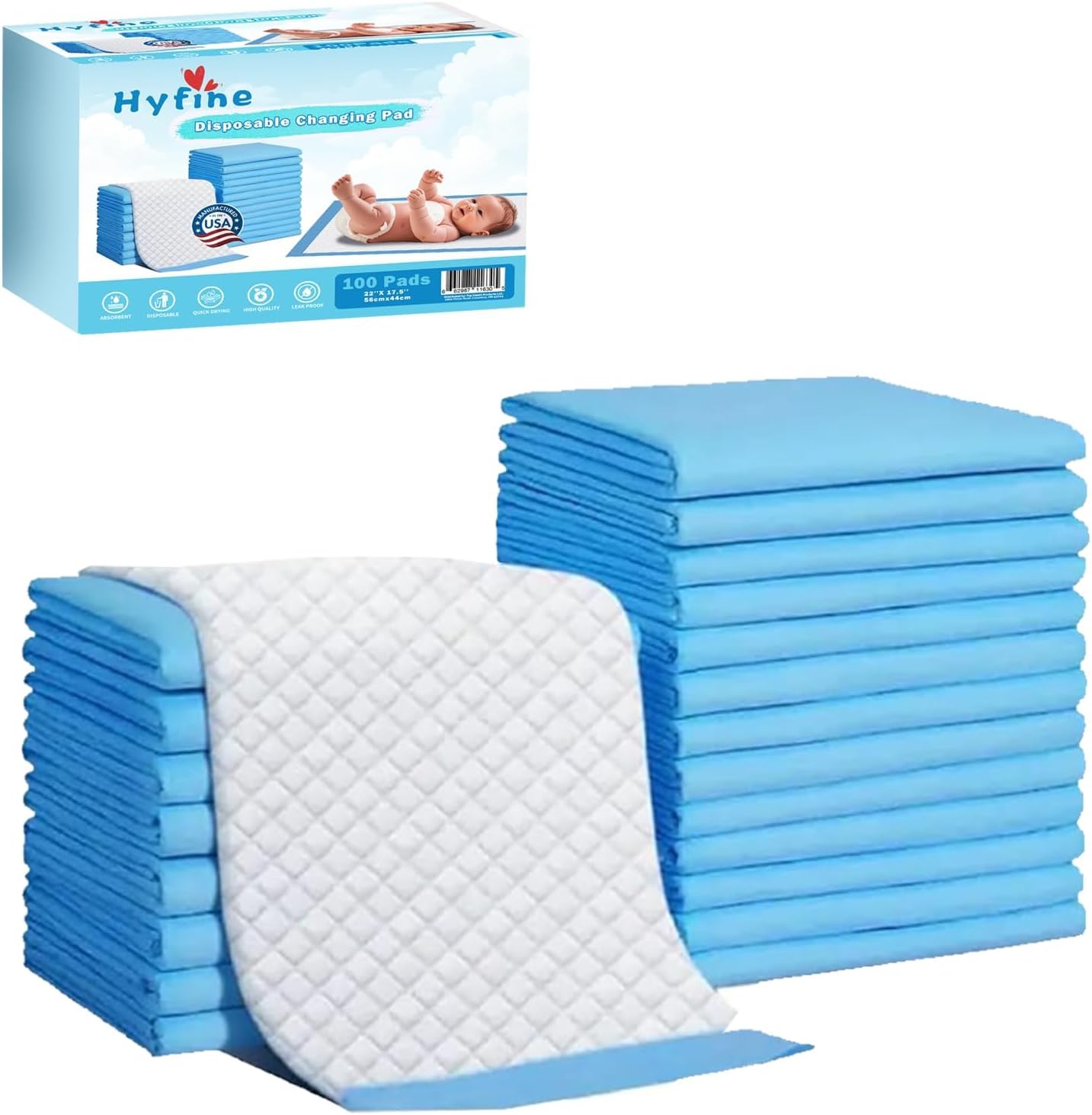 Hyfine 100 pack disposable baby changing pads front view