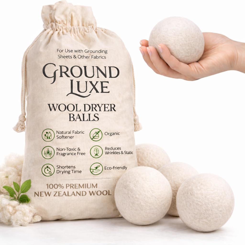 GroundLuxe Premium New Zealand Wool Dryer Balls front view of 6 pack packaging