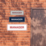All Quality red and gold manager wall sign angled perspective