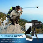 Complete HAYCHE 80x100 monocular telescope accessory kit including the stand and mobile adapter clip