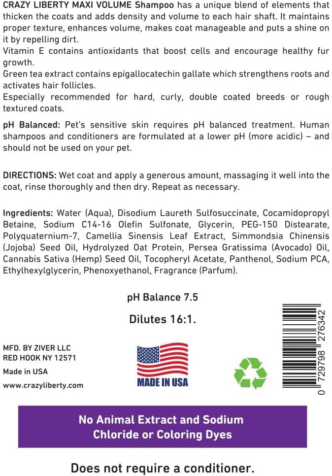 Side view of Crazy Liberty Maxi Volume dog shampoo showing coat thickening benefits and directions